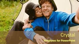  Presentation with tent - Presentation theme featuring joyful-multiethnic-tourist-couple-wearing background and a tawny brown colored foreground