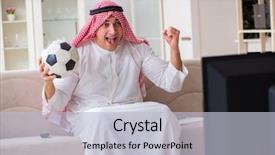  Presentation with arab - Slide deck consisting of joyful religious - arab businessman watching tv background and a light gray colored foreground