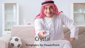  Presentation with sport - PPT layouts having joyful religious - arab man watching sport football background and a mint green colored foreground