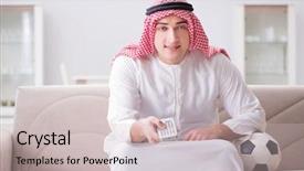  Presentation with football playbook - Colorful slides enhanced with joyful religious - young arab man watching football backdrop and a soft green colored foreground