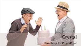  Presentation with birthday cake cupcake - Slide deck with joyful senior bringing birthday cake background and a coral colored foreground