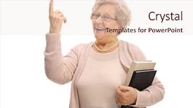  Presentation with joyful - PPT layouts featuring joyful senior pointing up with her finger isolated on white background background and a lemonade colored foreground