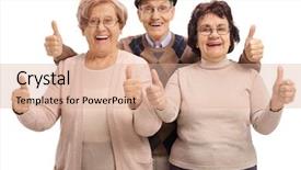  Presentation with active seniors senior e - PPT theme having joyful seniors holding their thumbs background and a coral colored foreground