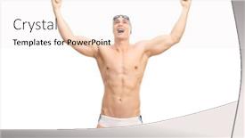  Presentation with swimmer - Presentation having joyful swimmer in white swim trunks gesturing happiness isolated on white background background and a sky blue colored foreground
