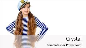  Presentation with marine - Slide deck with joyful teen girl wearing sailor's striped vest and marine cap studio shot isolated over white background and a white colored foreground