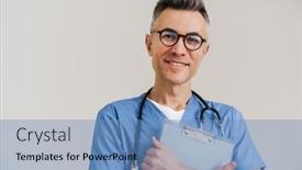  Presentation with medical clipboard - Colorful presentation design enhanced with joyful-white-haired-medical-doctor backdrop and a teal colored foreground