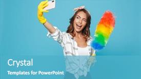  Presentation with rubber gloves - PPT theme having joyful woman 20s in yellow background and a teal colored foreground