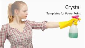  Presentation with spray - Cool new theme with joyful woman holding a spray bottle against white background backdrop and a white colored foreground