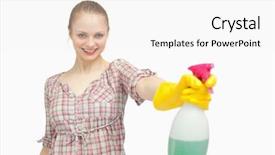  Presentation with spray - PPT layouts consisting of joyful woman holding a spray bottle while smiling against white background background and a white colored foreground