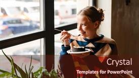  Presentation with joyful - Theme consisting of joyful-woman-in-colorful-sweater background and a wine colored foreground