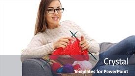  Presentation with knitting - Audience pleasing PPT theme consisting of joyful woman knitting and looking backdrop and a ocean colored foreground