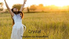  Presentation with rice field - Presentation design featuring joyful woman wearing white dress background and a gold colored foreground