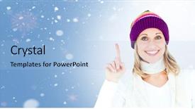  Presentation with upwards - Slides enhanced with joyful woman with a colorful hat pointing upwards against snow background and a light blue colored foreground