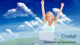  Presentation with green notebook - Colorful PPT theme enhanced with joyful woman with a notebook against green field under blue sky backdrop and a light blue colored foreground