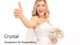  Presentation with white wedding - Presentation theme having joyful young bride holding a wedding bouquet and giving a thumb up isolated on white background background and a sky blue colored foreground