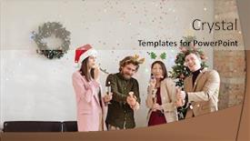  Presentation with christmas party - Cool new PPT theme with joyful-young-colleagues-in-christmas backdrop and a mint green colored foreground