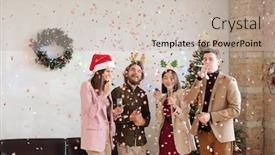  Presentation with fall party - Amazing theme having joyful-young-colleagues-standing backdrop and a soft green colored foreground