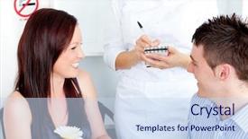  Presentation with dining restaurant - Beautiful presentation theme featuring joyful young couple dining at the restaurant with waiter taking order backdrop and a sky blue colored foreground