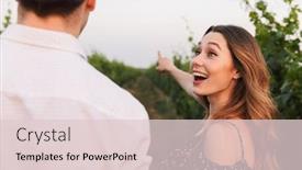  Presentation with walking together - Amazing theme having joyful young couple man and woman smiling while walking outdoor together through vineyard on summer day backdrop and a lemonade colored foreground