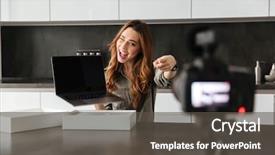  Presentation with new home - PPT theme featuring joyful young girl recording video background and a  colored foreground