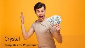  Presentation with young man holdng laptop on lap money - PPT layouts with joyful young man holding money background and a gold colored foreground
