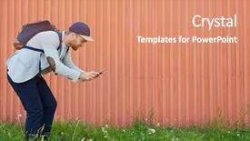 Presentation with family playing board game - Cool new PPT theme with joyful young man with backpack backdrop and a  colored foreground