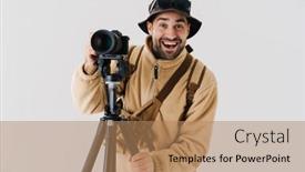  Presentation with joyful - Amazing PPT theme having joyful-young-photographer-posing backdrop and a coral colored foreground