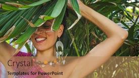 Presentation with palm - Presentation design consisting of joyful-young-woman-behind-palm background and a coral colored foreground