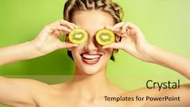  Presentation with cosmetics beauty - Slide deck with joyful young woman holding kiwi background and a yellow colored foreground