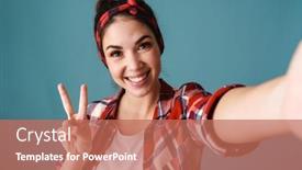  Presentation with peace - Cool new theme with joyful-young-woman-showing-peace backdrop and a coral colored foreground
