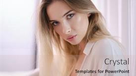  Presentation with fair - PPT theme having joyfully-female-with-fair-hair background and a coral colored foreground