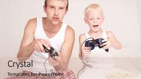  Presentation with computer games - Audience pleasing presentation theme consisting of joystick related - happy family father and his backdrop and a  colored foreground
