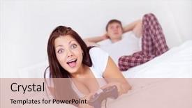  Presentation with computer games - Audience pleasing PPT layouts consisting of joystick related - happy young girl playing computer backdrop and a coral colored foreground