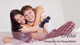  Presentation with computer games - Beautiful presentation theme featuring joystick related - happy young teenage couple playing backdrop and a  colored foreground