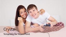  Presentation with computer games - Colorful slides enhanced with joystick related - happy young teenage couple playing backdrop and a  colored foreground