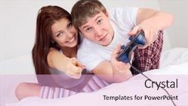  Presentation with young happy couple - Colorful slides enhanced with joystick related - happy young teenage couple playing backdrop and a lavender colored foreground