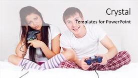  Presentation with computer games - Colorful slide set enhanced with joystick related - teenage couple playing computer games backdrop and a  colored foreground