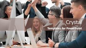  Presentation with monitor computer - PPT layouts having jubilant-business-team-looking background and a violet colored foreground