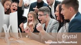  Presentation with monitor computer - Cool new presentation theme with jubilant-business-team-looking backdrop and a coral colored foreground