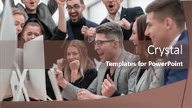  Presentation with monitor computer - Cool new PPT theme with jubilant-business-team-looking backdrop and a tawny brown colored foreground