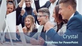  Presentation with monitor computer - Slide deck enhanced with jubilant-business-team-looking background and a ocean colored foreground