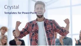  Presentation with team leader - Presentation having jubilant-leader-standing-in-front background and a sky blue colored foreground