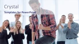  Presentation with team leader - PPT layouts consisting of jubilant-leader-standing-in-front background and a sky blue colored foreground