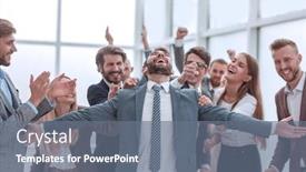  Presentation with congratulations - Cool new slide deck with jubilant-young-businessman-accepting backdrop and a gray colored foreground