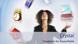  Presentation with juggling - PPT layouts with juggle - businesswoman juggling responsibilities over colored background and a sky blue colored foreground