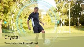  Presentation with football field - Amazing slides having juggle - sport football training and people backdrop and a yellow colored foreground