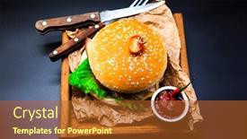  Presentation with burger - Presentation having juicy burger burger with marble beef fork with knife and chili sauce on the newspaper background and a red colored foreground