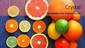  Presentation with citrus - Beautiful slide set featuring juicy composition of sliced citrus on blue wooden background backdrop and a red colored foreground