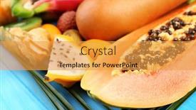  Presentation with fruits - Amazing presentation design having juicy exotic fruits on blue wooden background backdrop and a yellow colored foreground