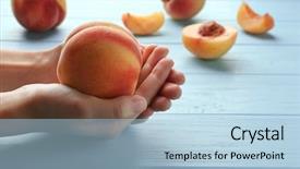  Presentation with turquoise - Beautiful PPT theme featuring juicy peach in female hands backdrop and a light blue colored foreground